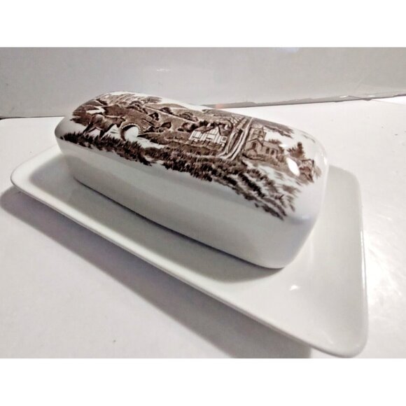 Studio J. & G. Meakin Ironstone Lidded Butter Dish, Brown Rural England Scene - Picture 11 of 12